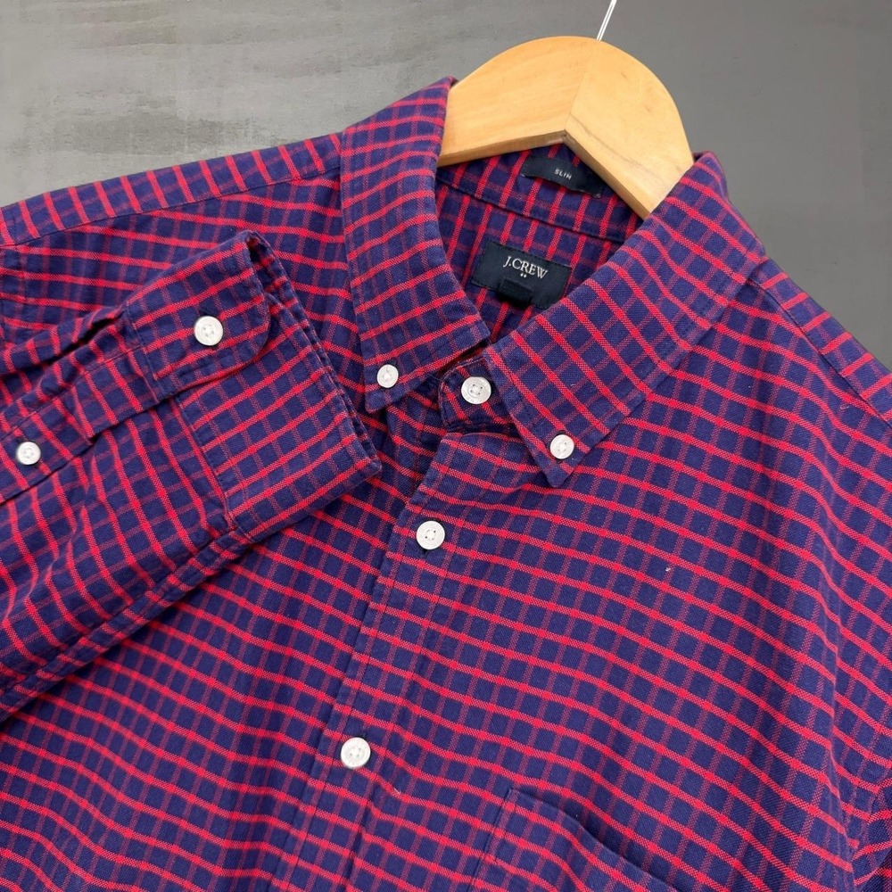 J.Crew‎ Oxford Shirt Navy Red Gingham Check Slim Fit Large